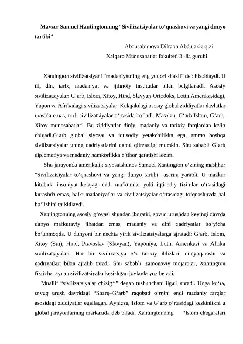 Samuel Hantingtonning “Sivilizatsiyalar to‘qnashuvi va yangi dunyo tartibi”