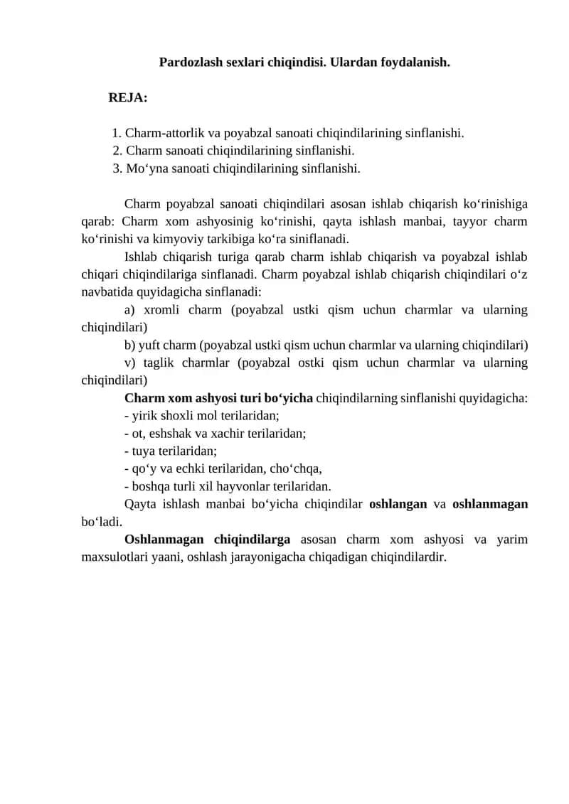 Charm-poyabzal chiqindilari sinflanishi 1