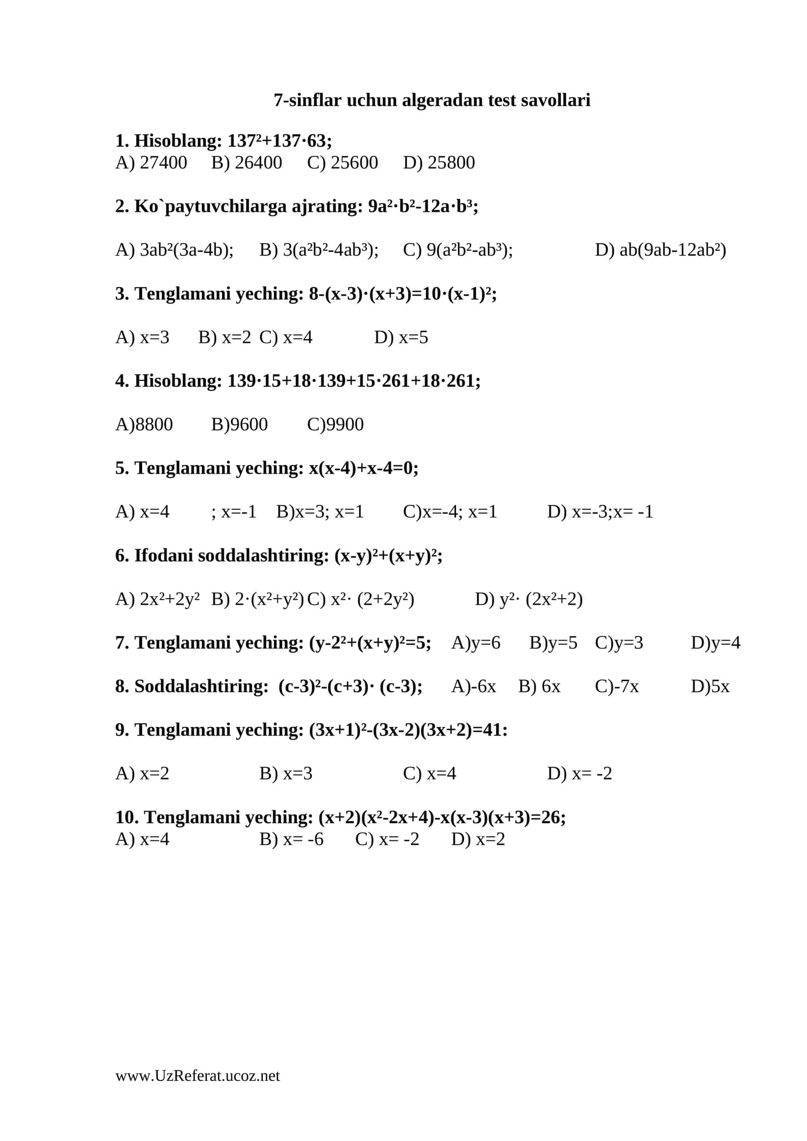 7-sinflar uchun algeradan test savollari 1