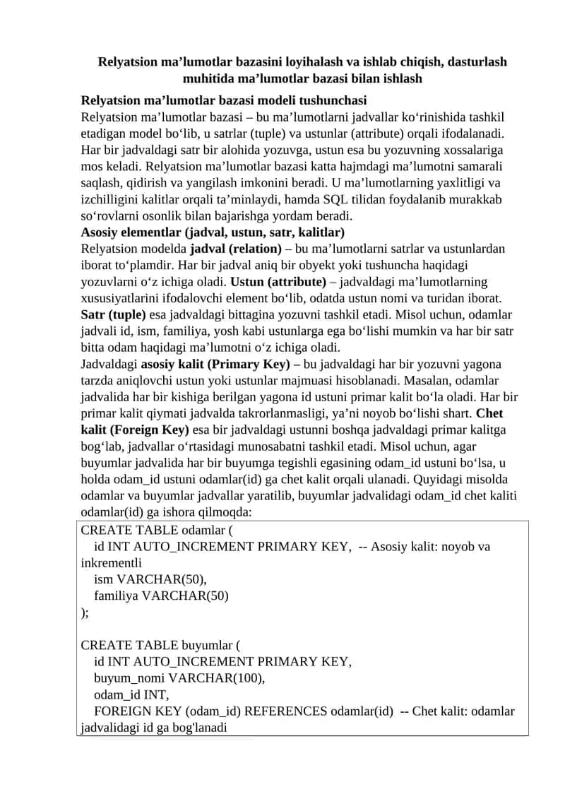 Relyatsion ma'lumotlar bazasi 1