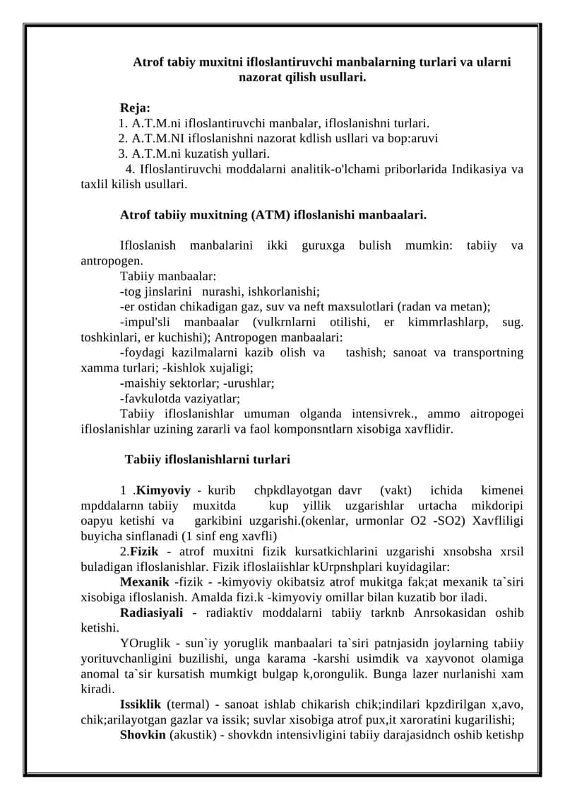 Atrof tabiy muxitni ifloslantiruvchi manbalarning turlari va ularni nazorat qilish usullari 1