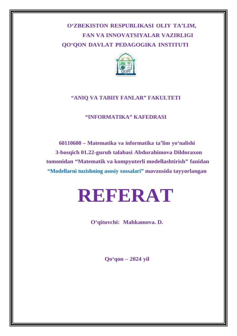 Modellarni tuzishning asosiy xossalari 1