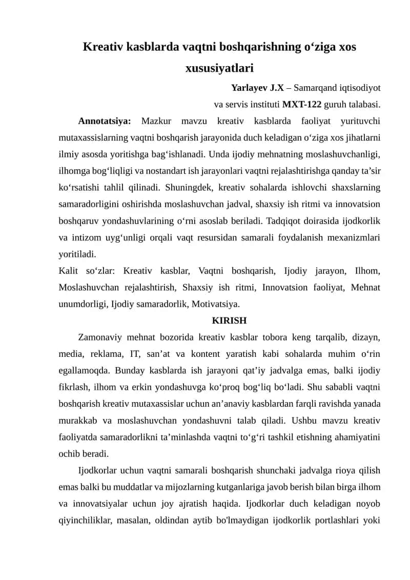 Kreativ kasblarda vaqtni boshqarishning o‘ziga xos xususiyatlari 1