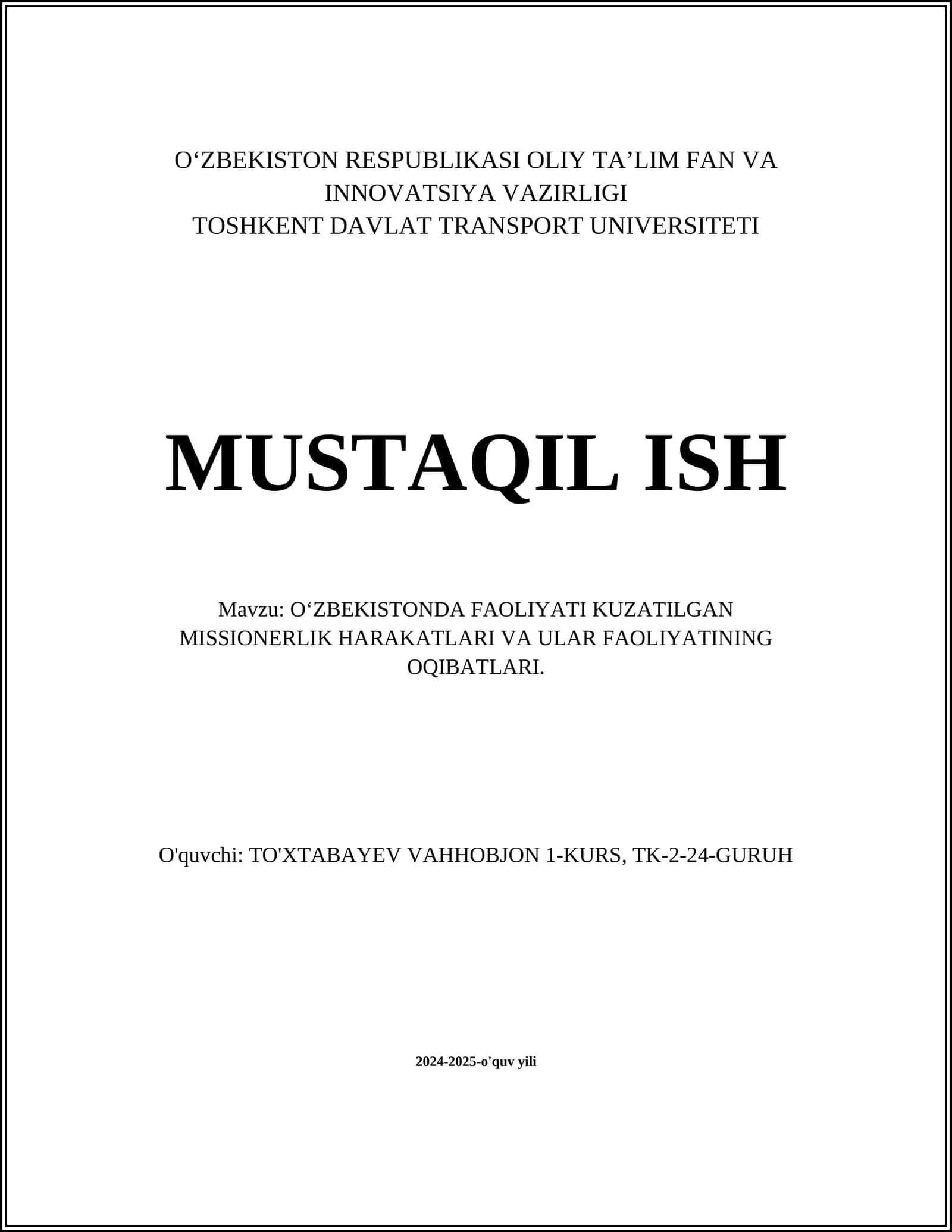 Missionerlik Harakatlari O‘zbekistonda 1