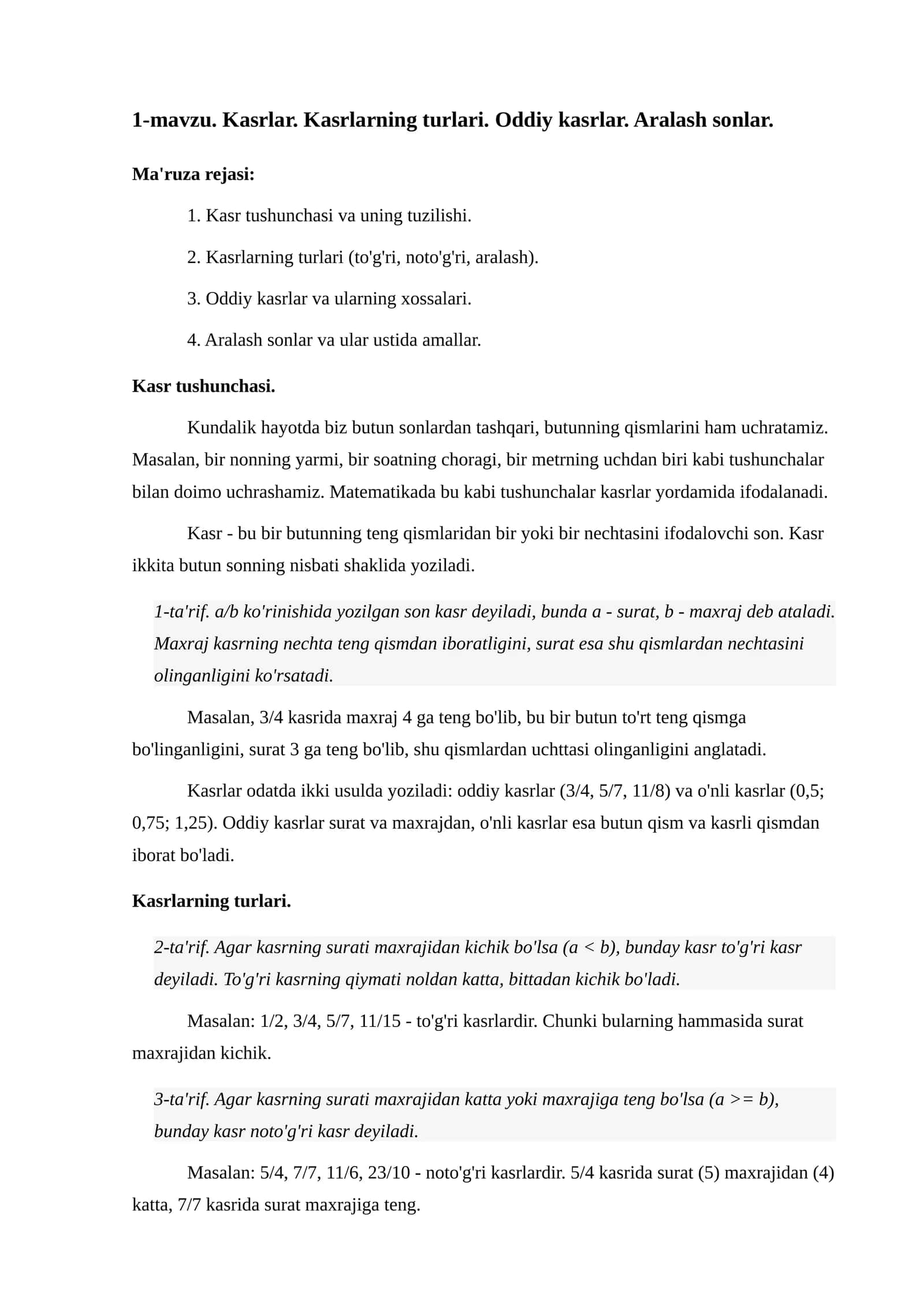 1-mavzu. Kasrlar. Kasrlarning turlari. Oddiy kasrlar. Aralash sonlar 1