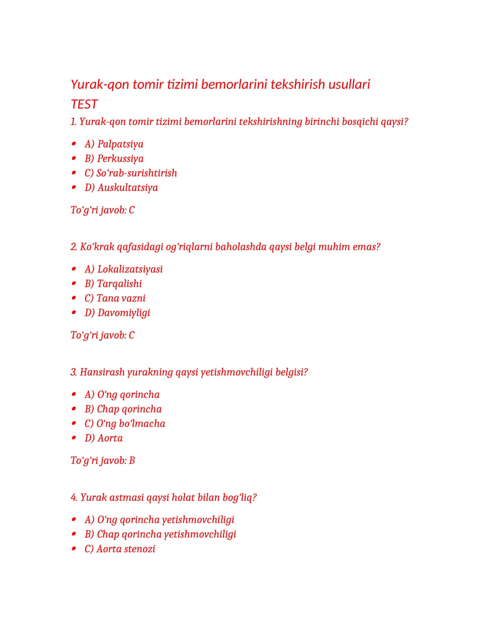 Yurak-qon tomir tizimi bemorlarini tekshirish usullari 1