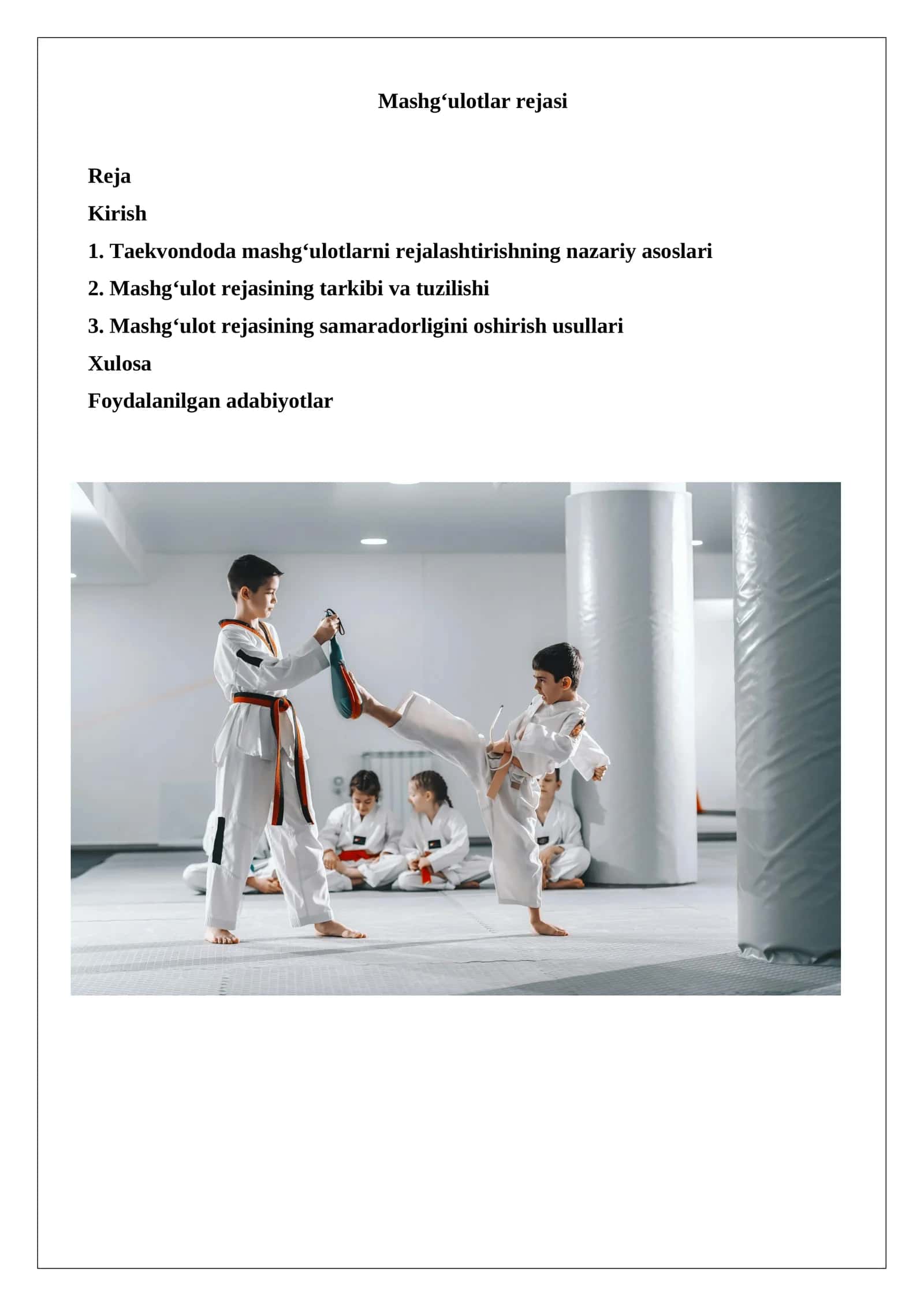 Mashg‘ulotlar rejasi Taekvondo 1