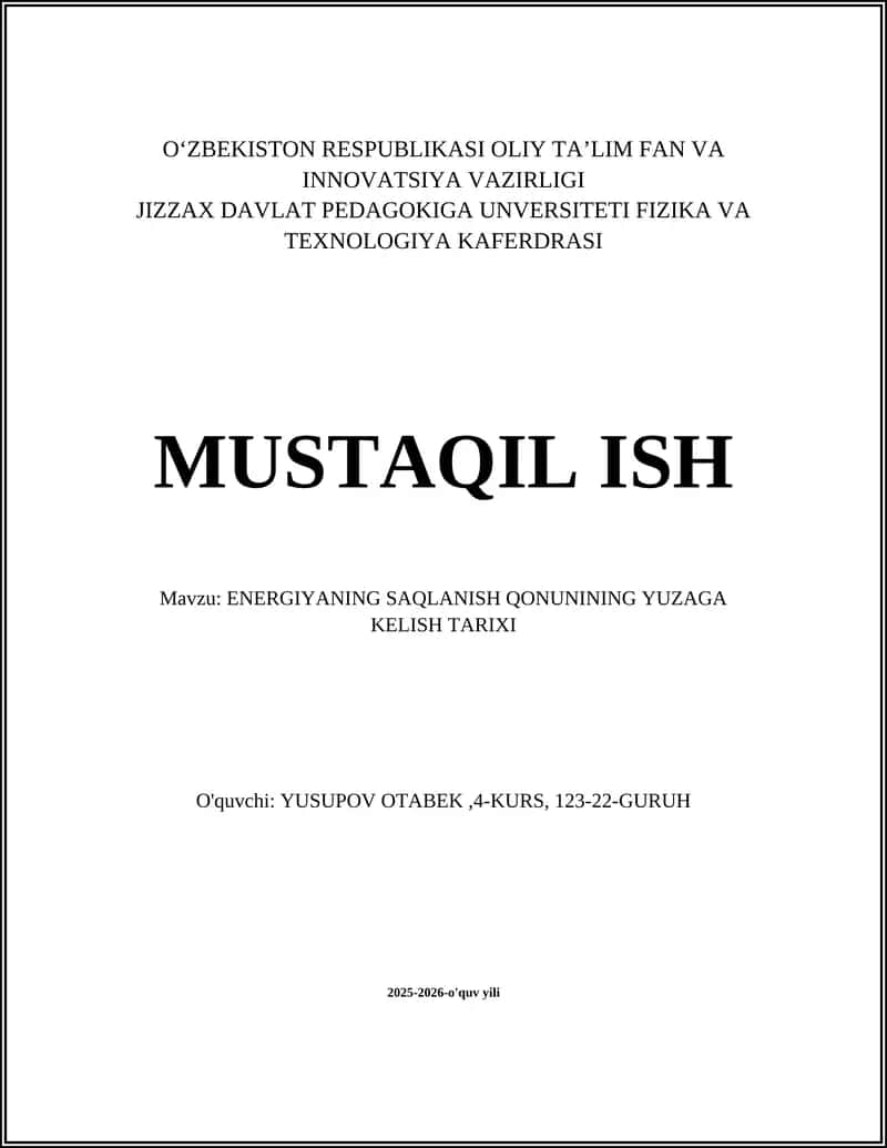 ENERGIYANING SAQLANISH QONUNINING YUZAGA KELISH TARIXI 1