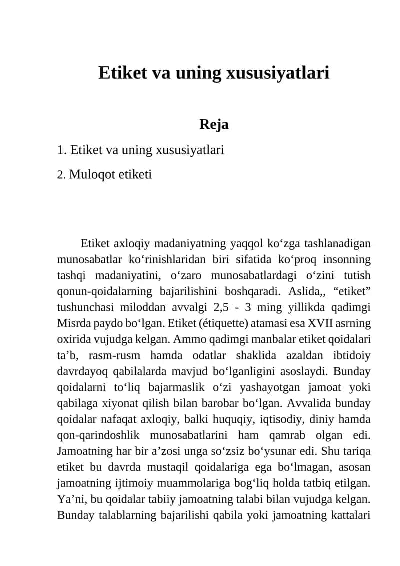 Etiket va uning xususiyatlari 1