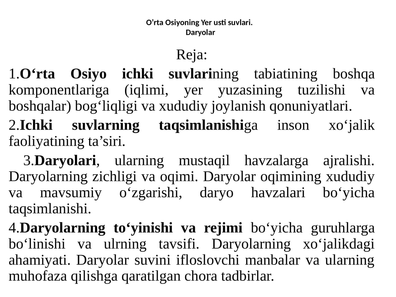 O’rta Osiyoning Yer usti suvlari. Daryolar 1