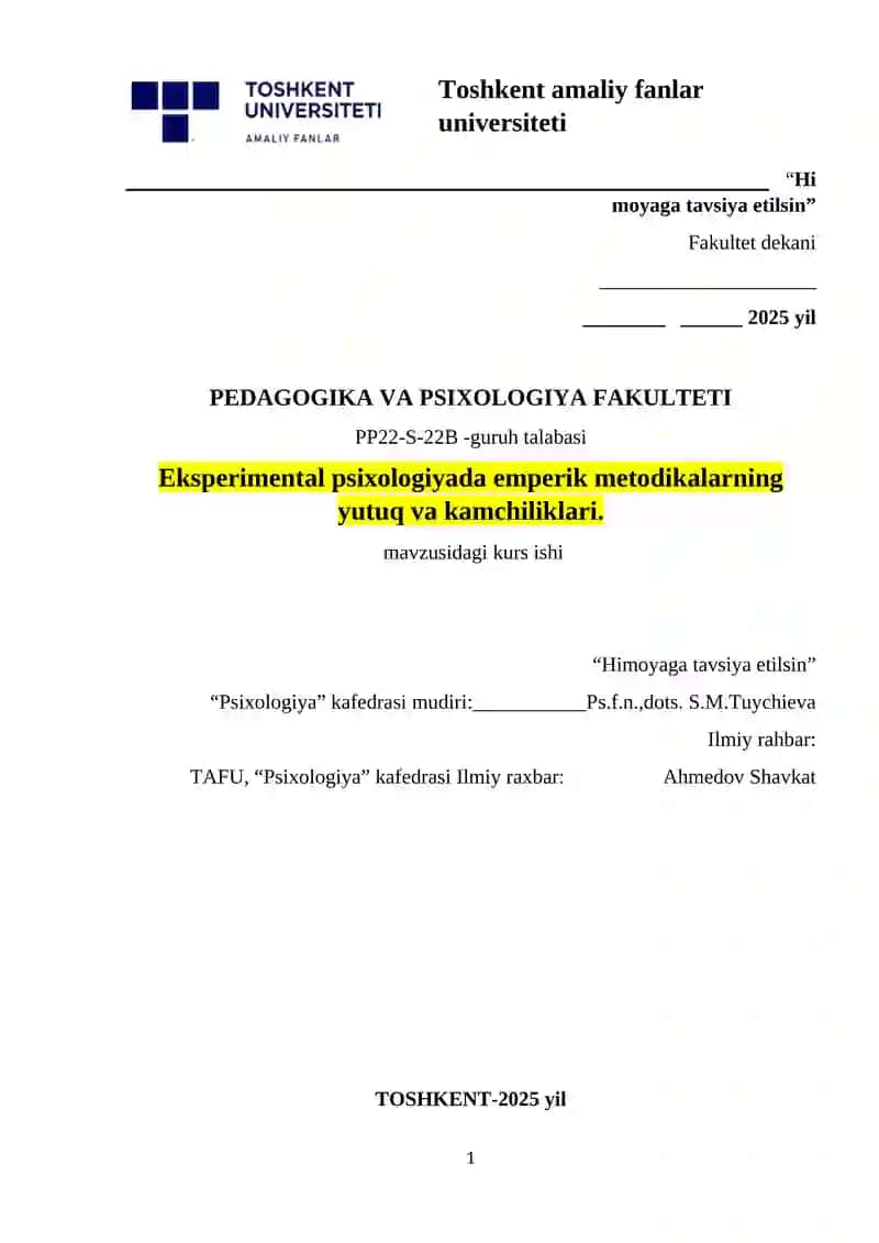 Eksperimental psixologiyada emperik metodikalarning yutuq va kamchiliklari.