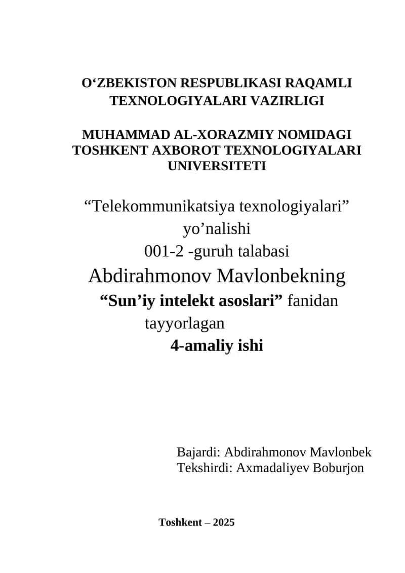 Neyron tarmoq asosida regressiya masalalarini yechish modelini ishlab chiqish 1