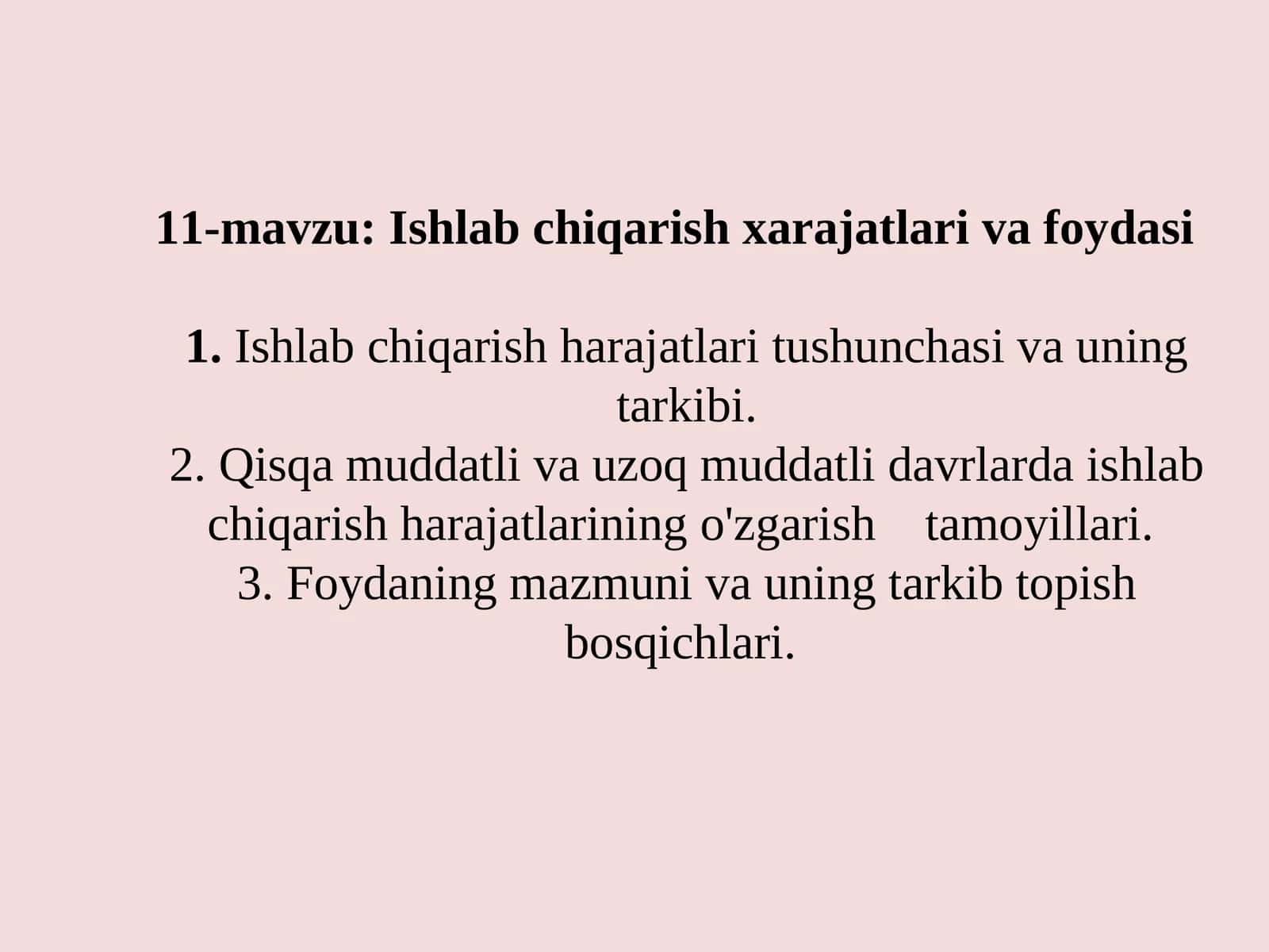 Ishlab chiqarish xarajatlar va foydasi 1