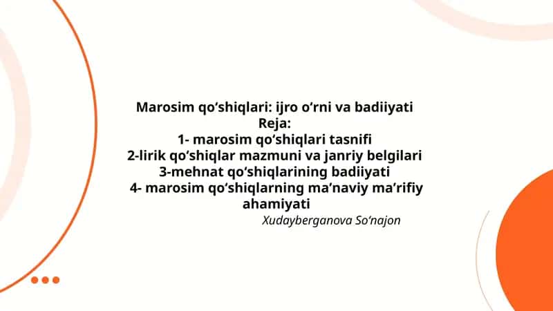 Marosim qoʻshiqlari: ijro oʻrni va badiiyati 1