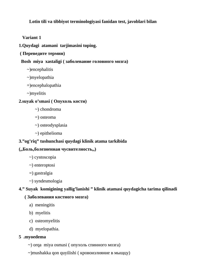 Lotin tili va tibbiyot terminologiyasi fanidan test, javoblari bilan 1