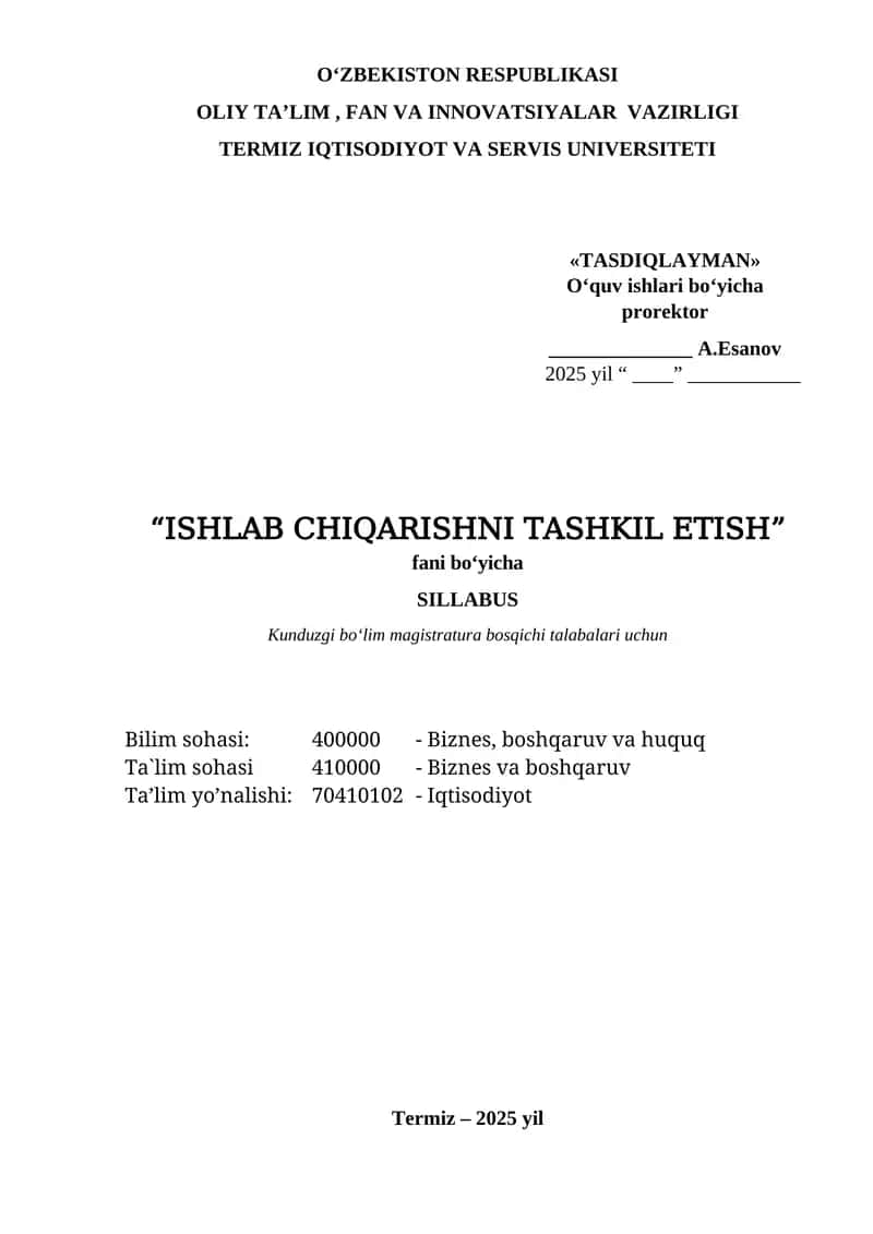 Ishlab chiqarishni tashkil etish 1