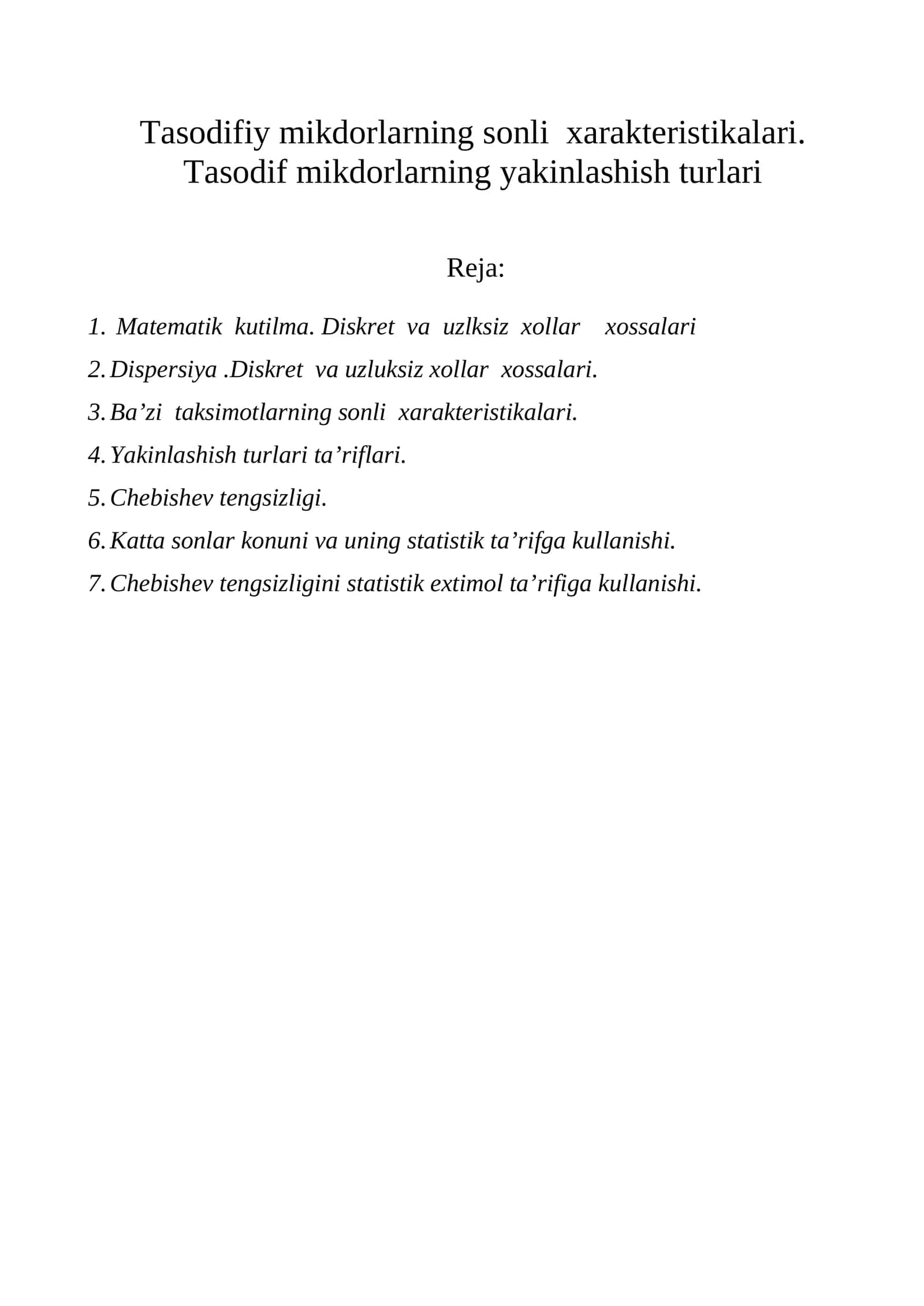 Tasodifiy mikdorlarning sonli xarakteristikalari 1
