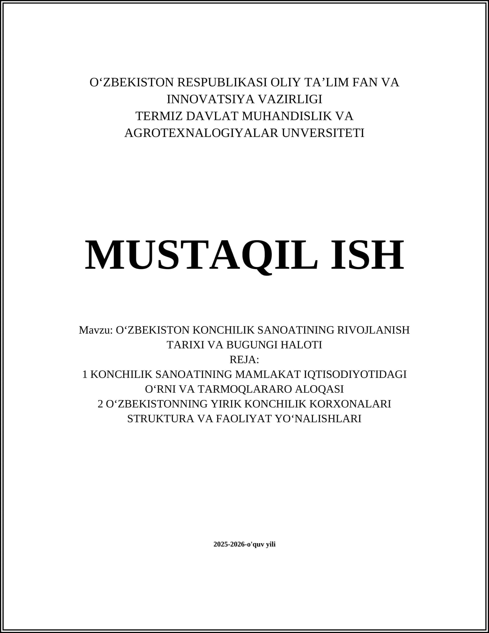 OʻZBEKISTON KONCHILIK SANOATINING RIVOJLANISH TARIXI VA BUGUNGI HALOTI 1