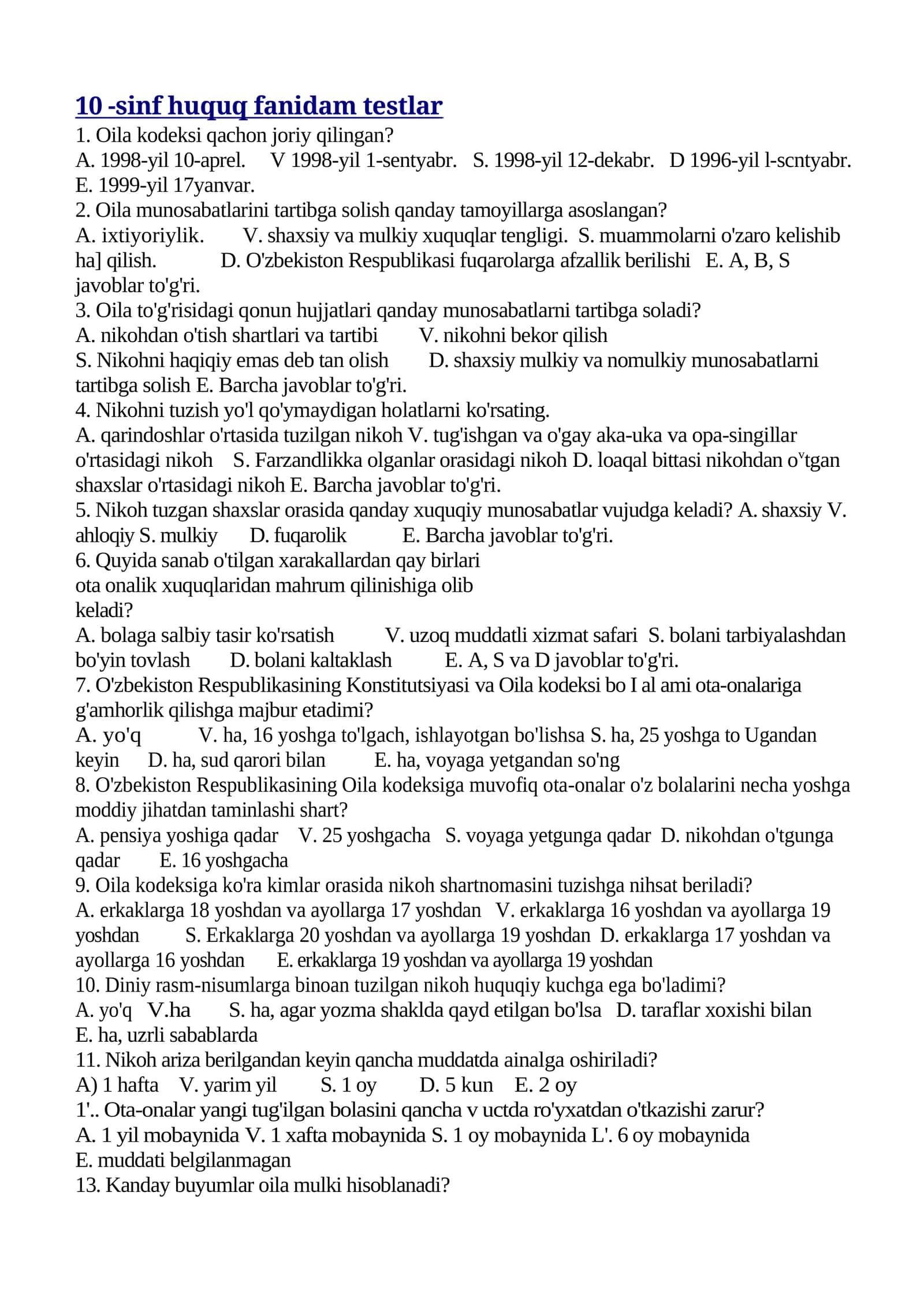 10-sinf huquq fanidam testlar 1