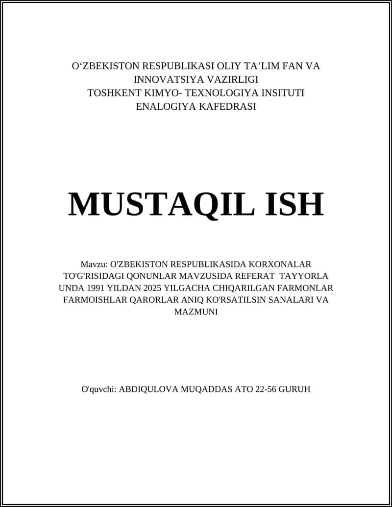Korxonalar to'g'risidagi qonunchilik tarixi 1