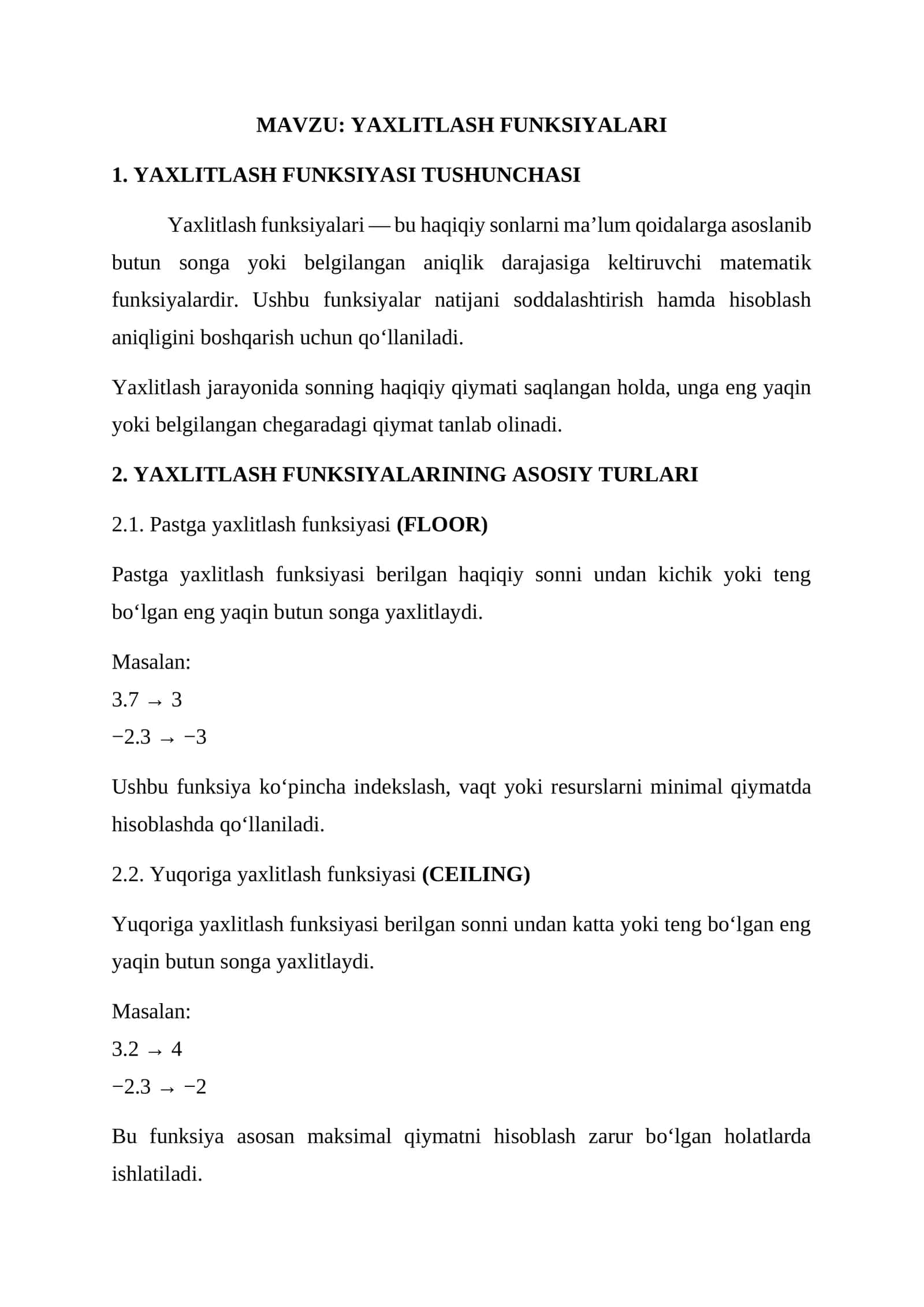 YAXLITLASH FUNKSIYALARI 1