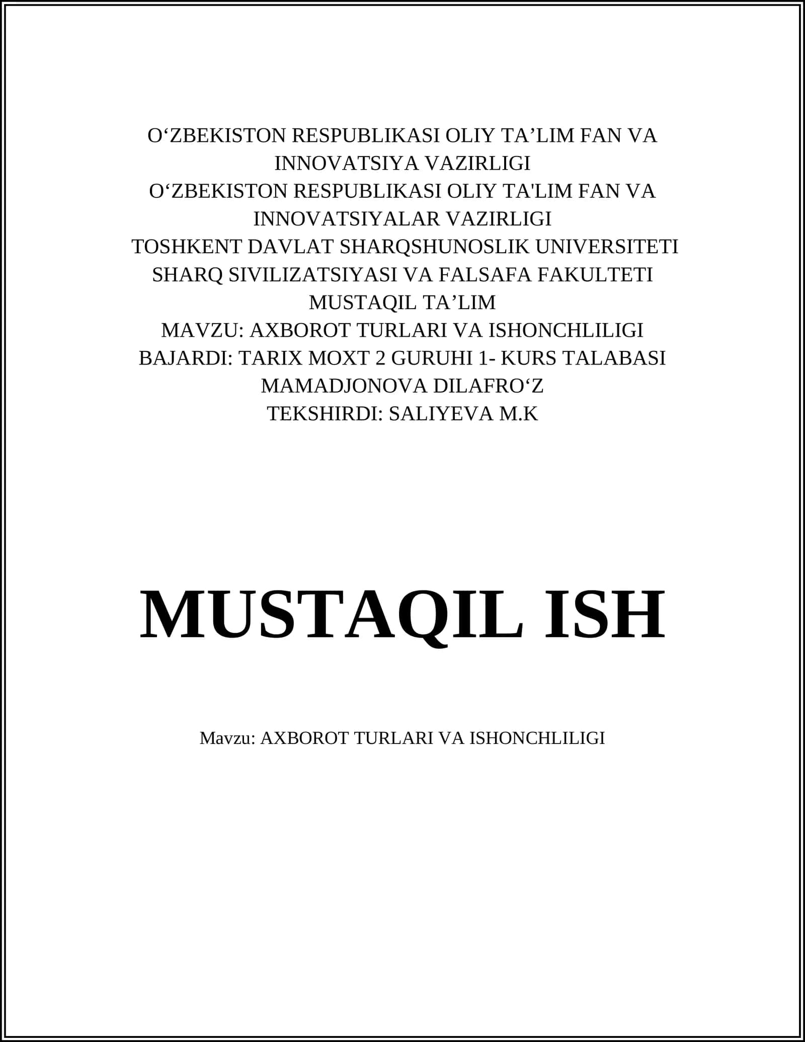AXBOROT TURLARI VA ISHONCHLILIGI 1