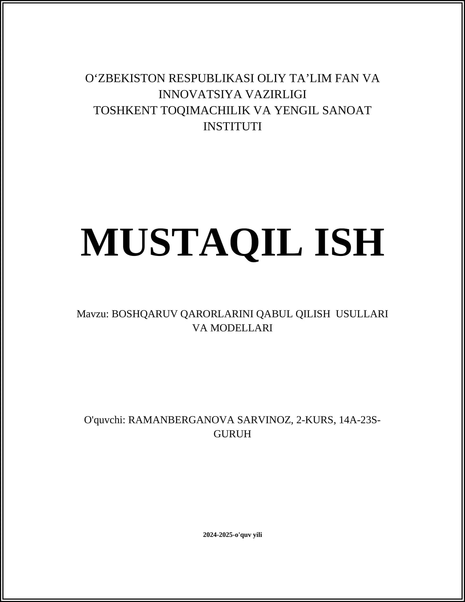BOSHQARUV QARORLARINI QABUL QILISH USULLARI VA MODELLARI 1