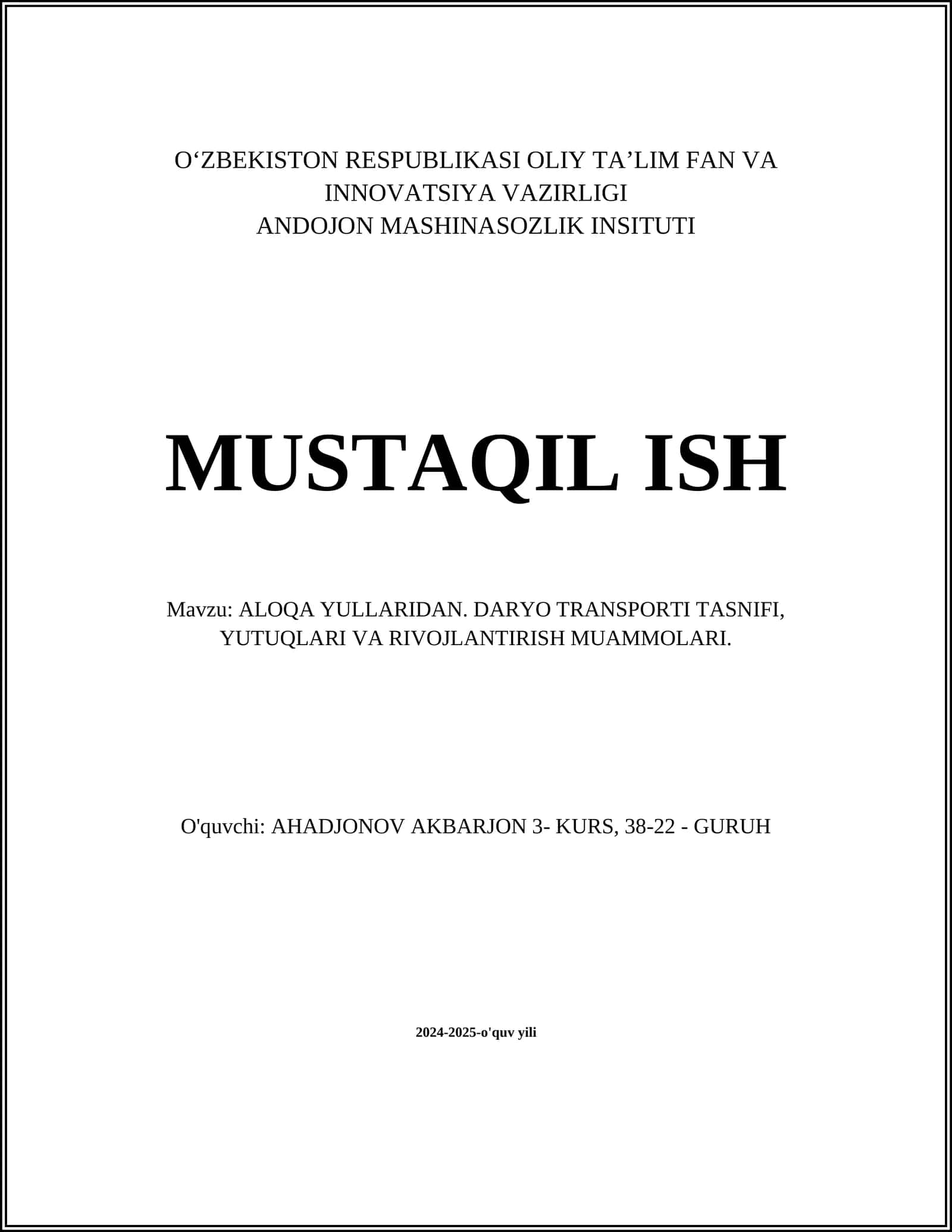 ALOQA YULLARIDAN. DARYO TRANSPORTI TASNIFI, YUTUQLARI VA RIVOJLANTIRISH MUAMMOLARI 1