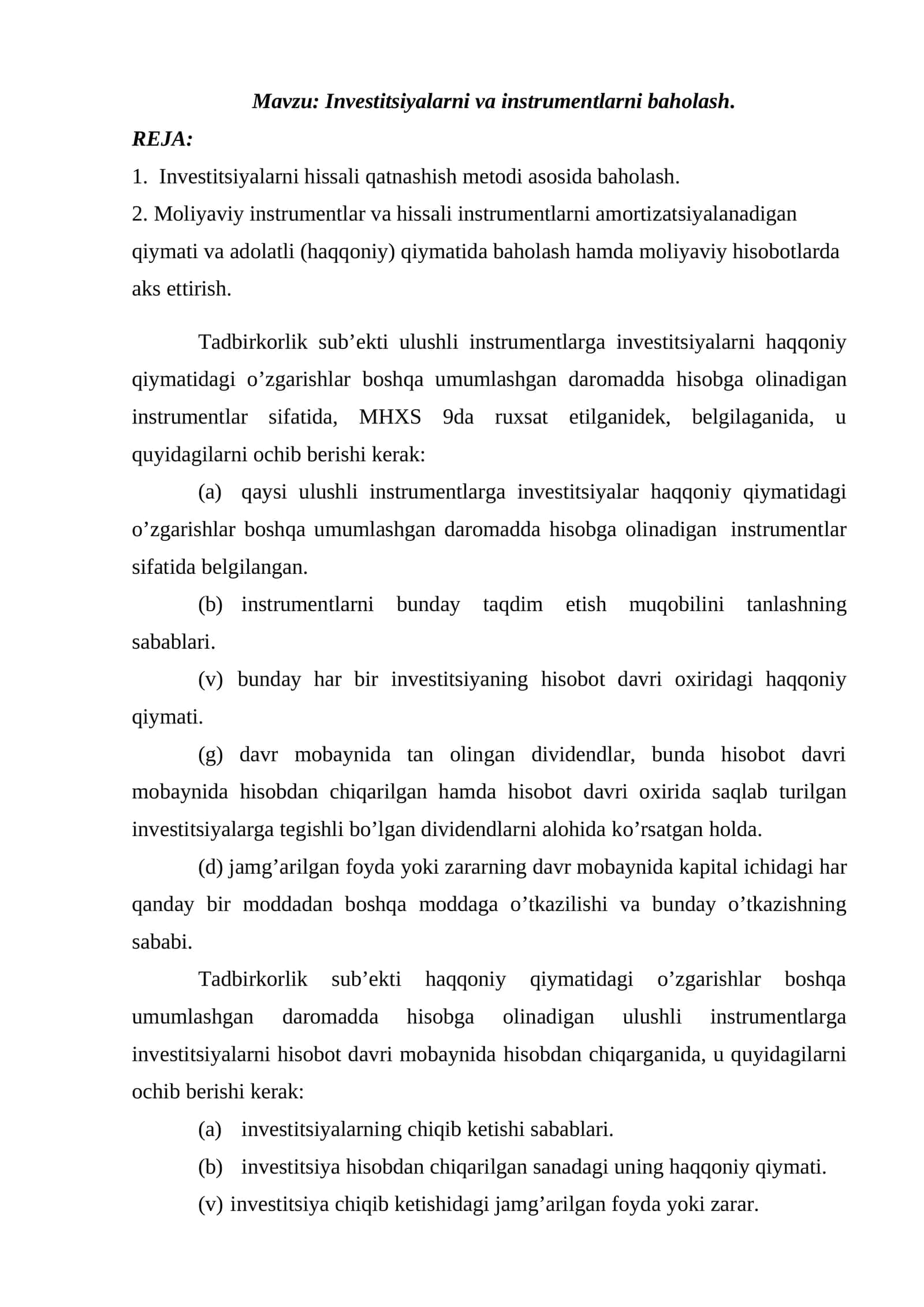 Investitsiyalarni va instrumentlarni baholash 1