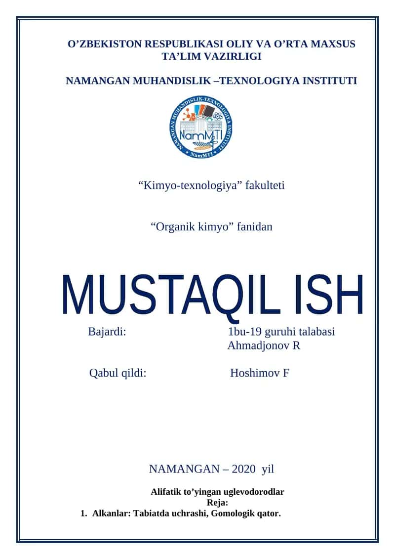 Alifatik to’yingan uglevodorodlar 1