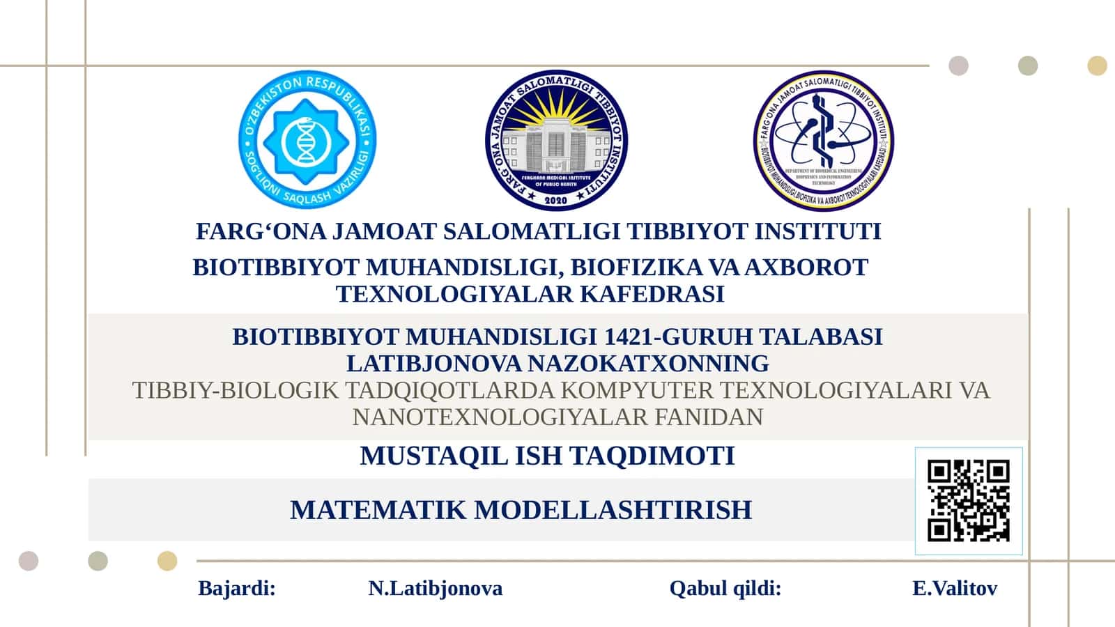 BIOTIBBIYOT MUHANDISLIGI 1421-GURUH TALABASI 1