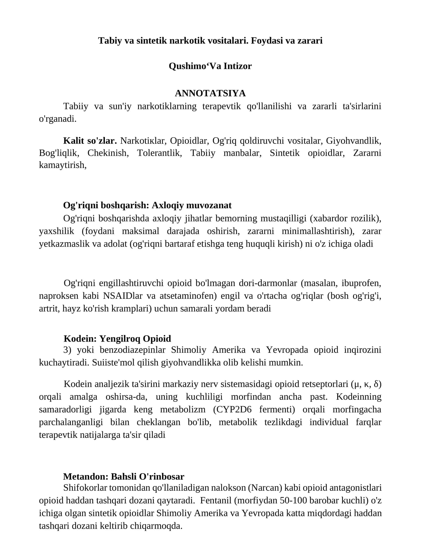 Tabiy va sintetik narkotik vositalari 1