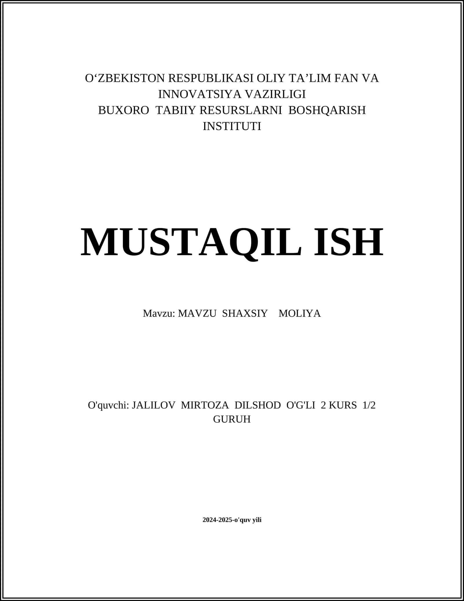 SHAXSIY MOLIYA 1