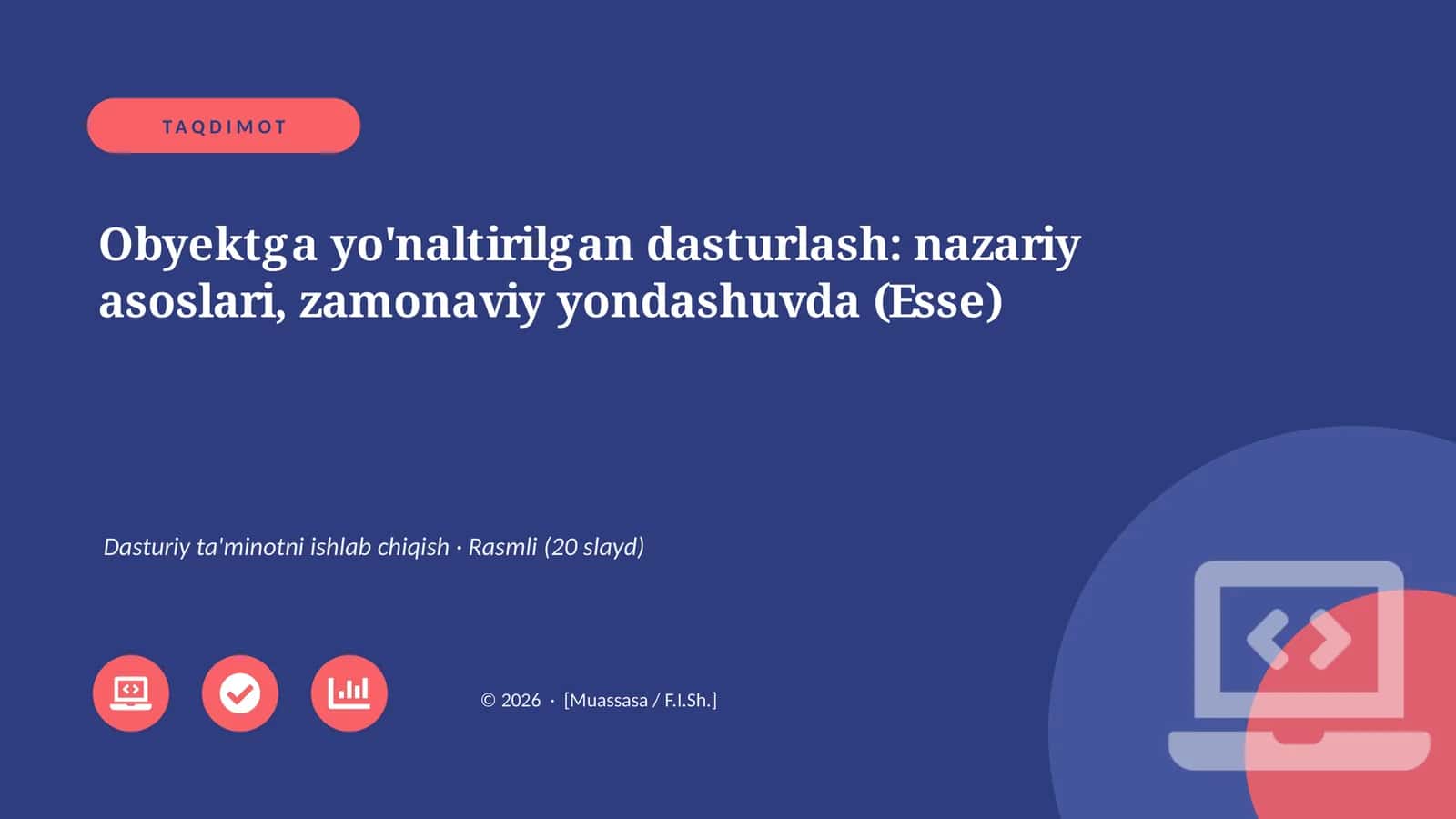 Obyektga yo'naltirilgan dasturlash: nazariy asoslari, zamonaviy yondashuvda (Esse) 1