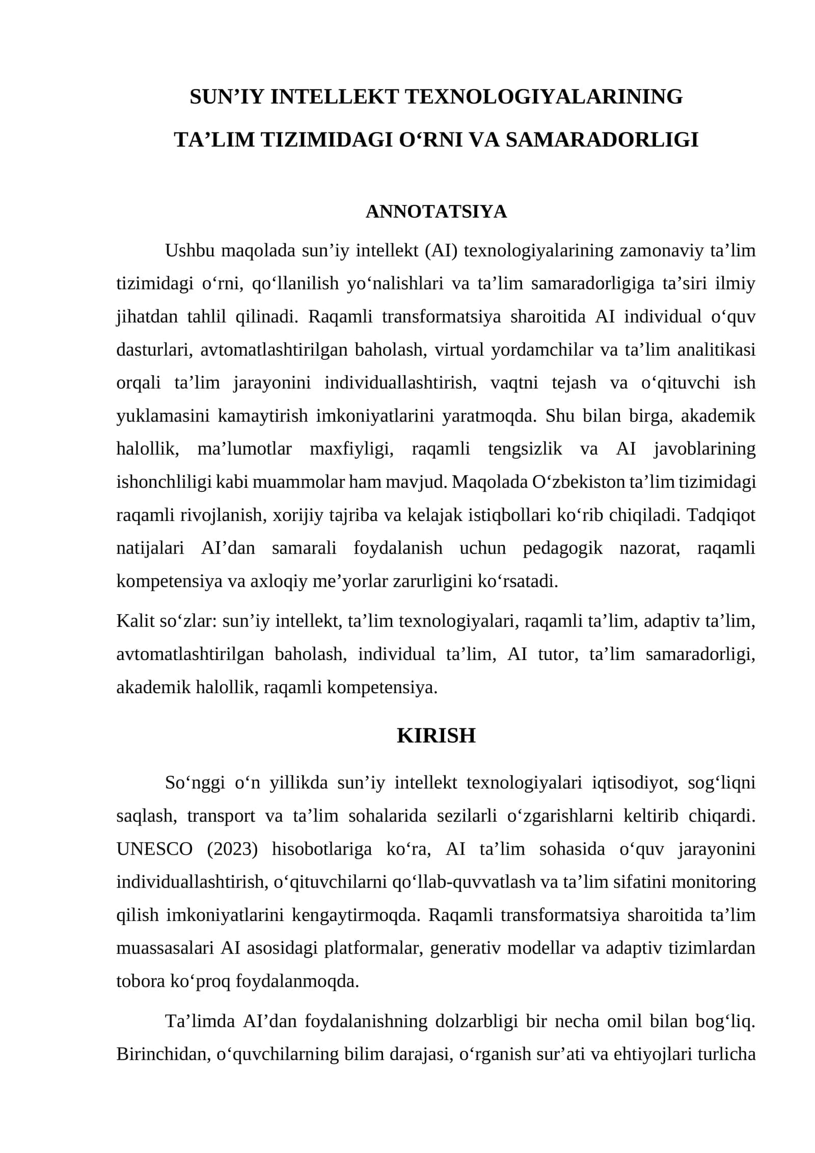 SUN’IY INTELLEKT TEXNOLOGIYALARINING TA’LIM TIZIMIDAGI O‘RNI VA SAMARADORLIGI 1