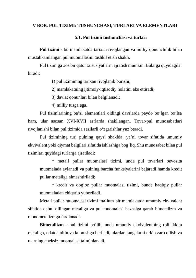 PUL TIZIMI: TUSHUNCHASI, TURLARI VA ELEMENTLARI 1
