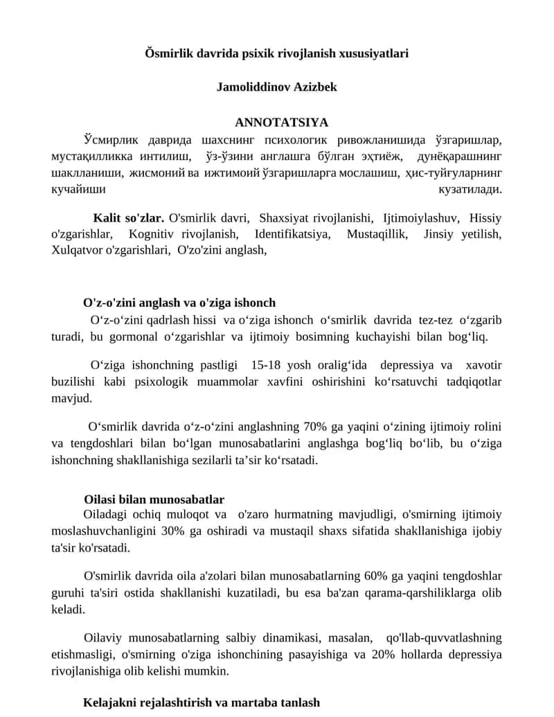 Ŏsmirlik davrida psixik rivojlanish xususiyatlari 1
