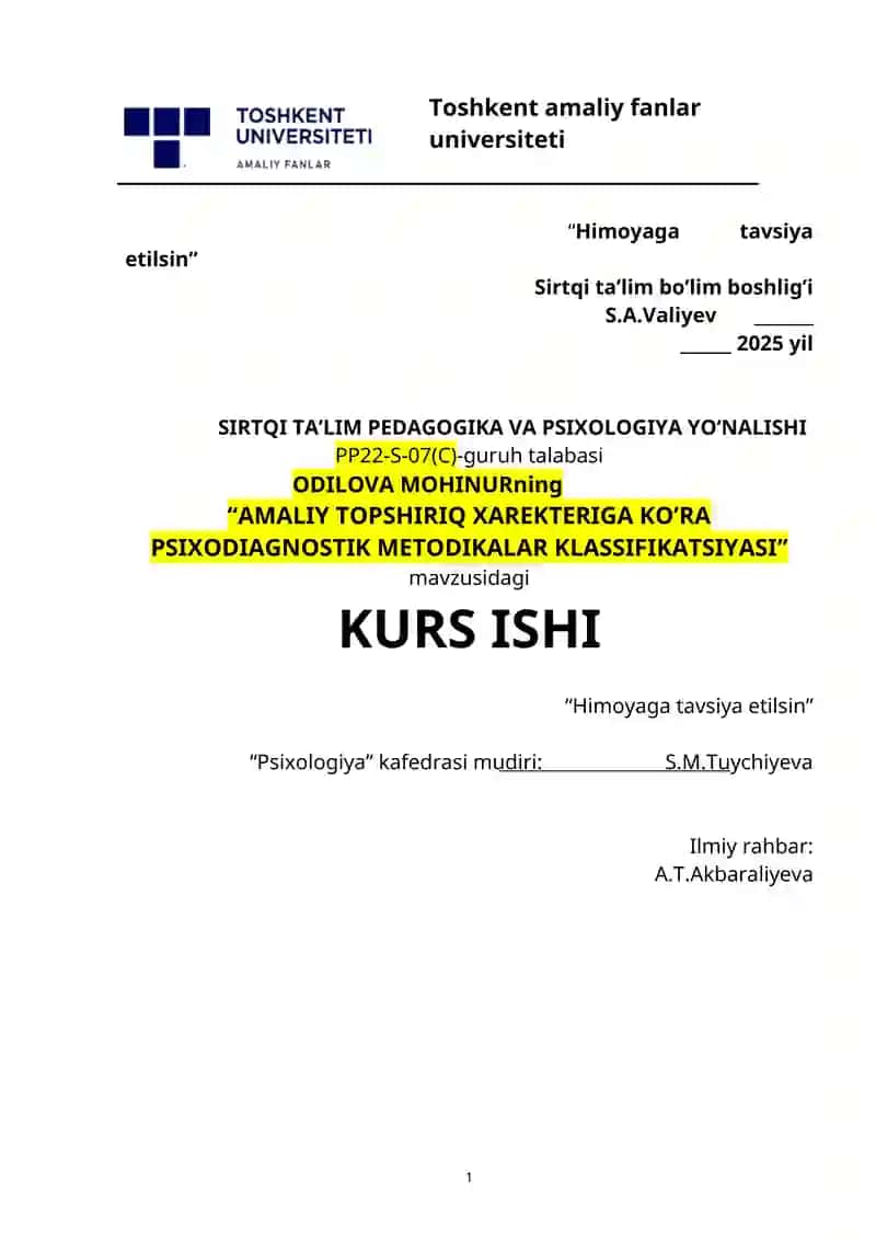 AMALIY TOPSHIRIQ XAREKTERIGA KO’RA PSIXODIAGNOSTIK METODIKALAR KLASSIFIKATSIYASI