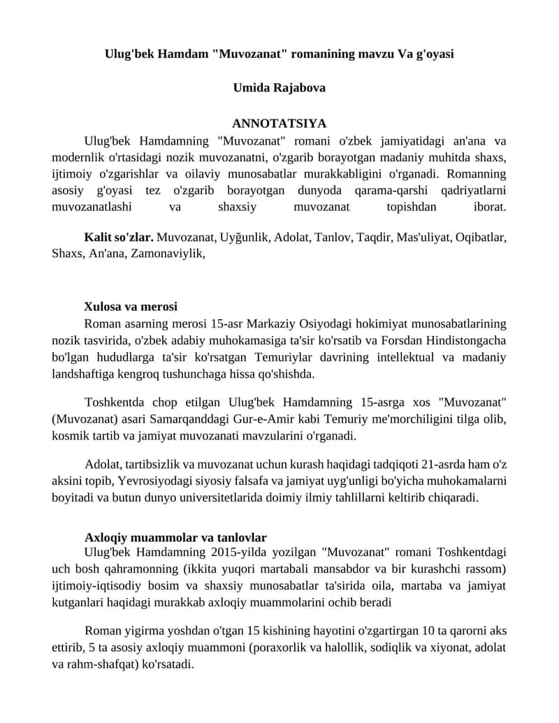 "Muvozanat" romanining mavzu Va g'oyasi 1