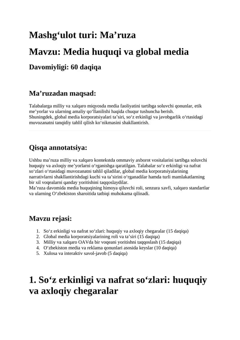 Media huquqi va global media 1