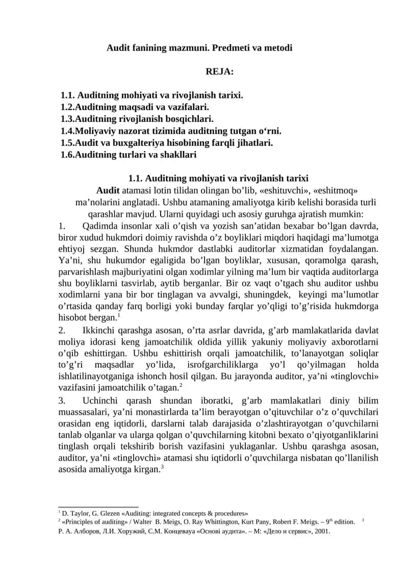 Audit fanining mazmuni. Predmeti va metodi 1