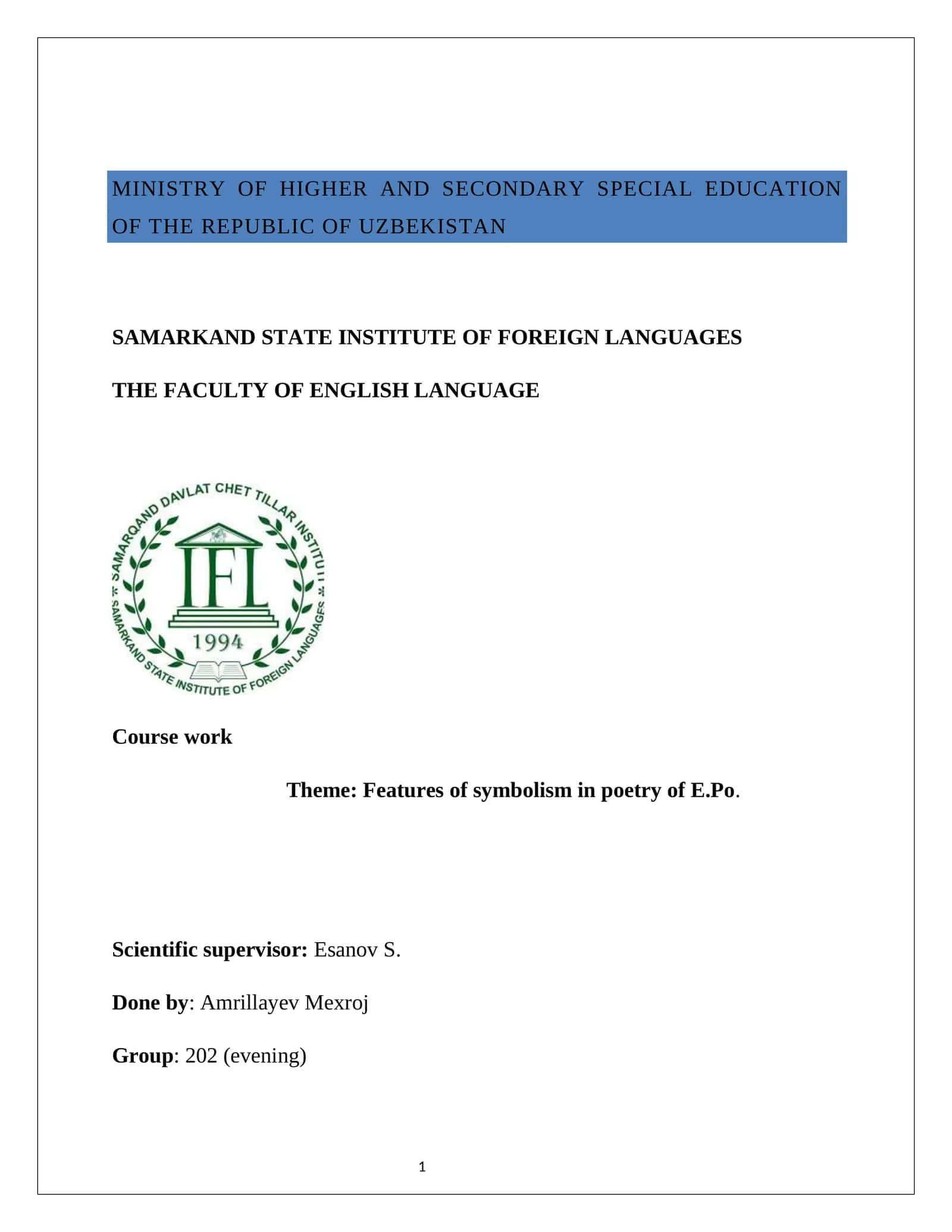 Course work on Features of Symbolism in Poetry of E.Po 1
