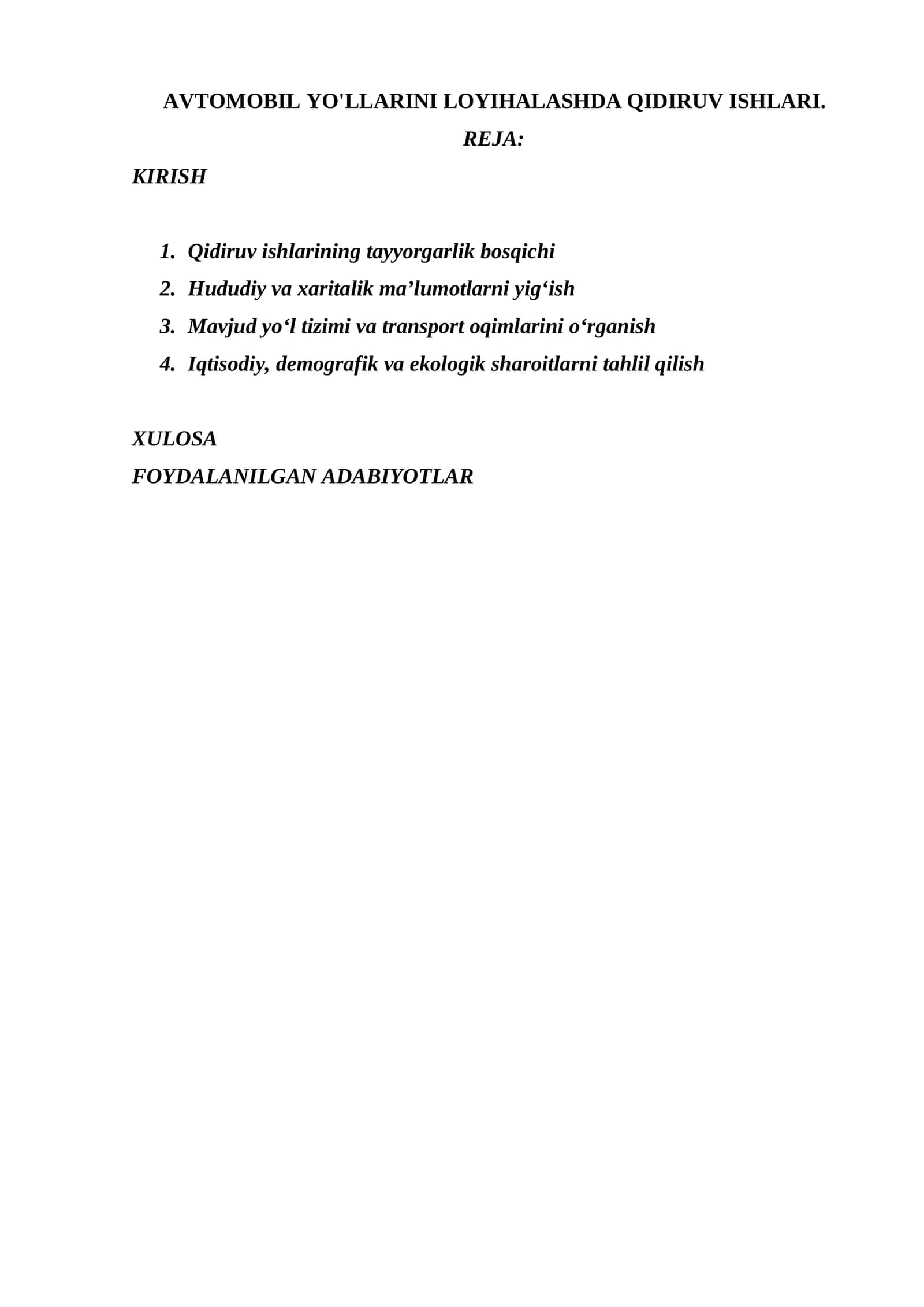 AVTOMOBIL YO'LLARINI LOYIHALASHDA QIDIRUV ISHLARI. 1