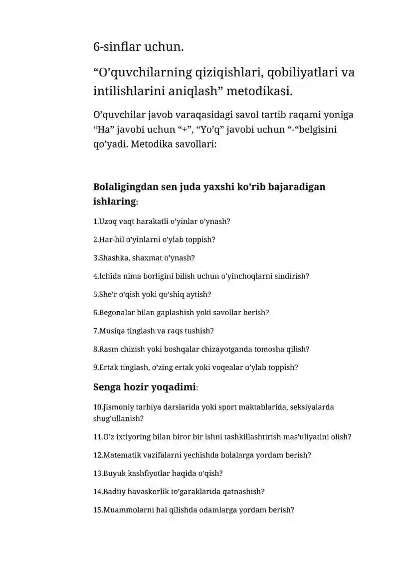 O’quvchilarning qiziqishlari, qobiliyatlari va intilishlarini aniqlash Metodikasi