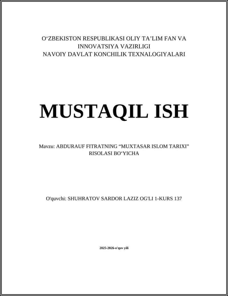 Abdurauf Fitratning “Muxtasar Islom Tarixi” Risolasi 1