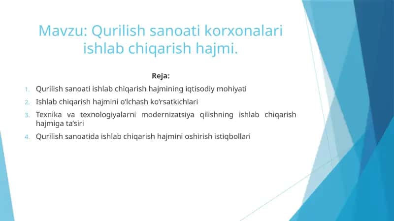 Qurilish sanoati korxonalari ishlab chiqarish hajmi 1