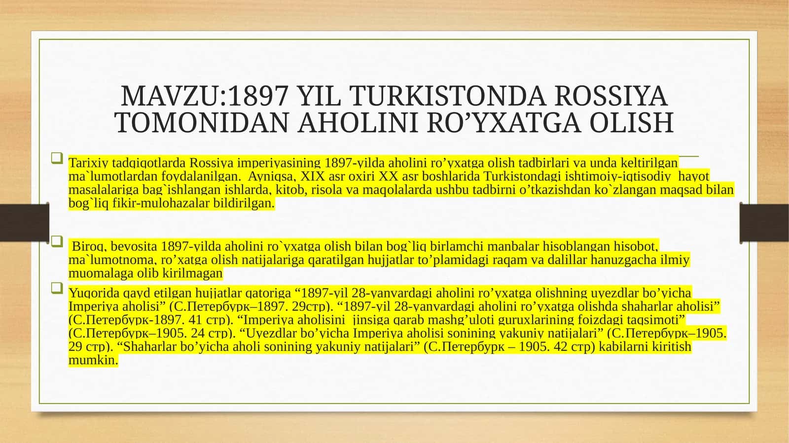 1897 YIL TURKISTONDA ROSSIYA TOMONIDAN AHOLINI RO’YXATGA OLISH 1