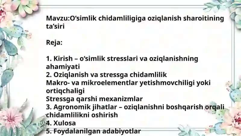 O‘simlik chidamliligiga oziqlanish sharoitining ta’siri