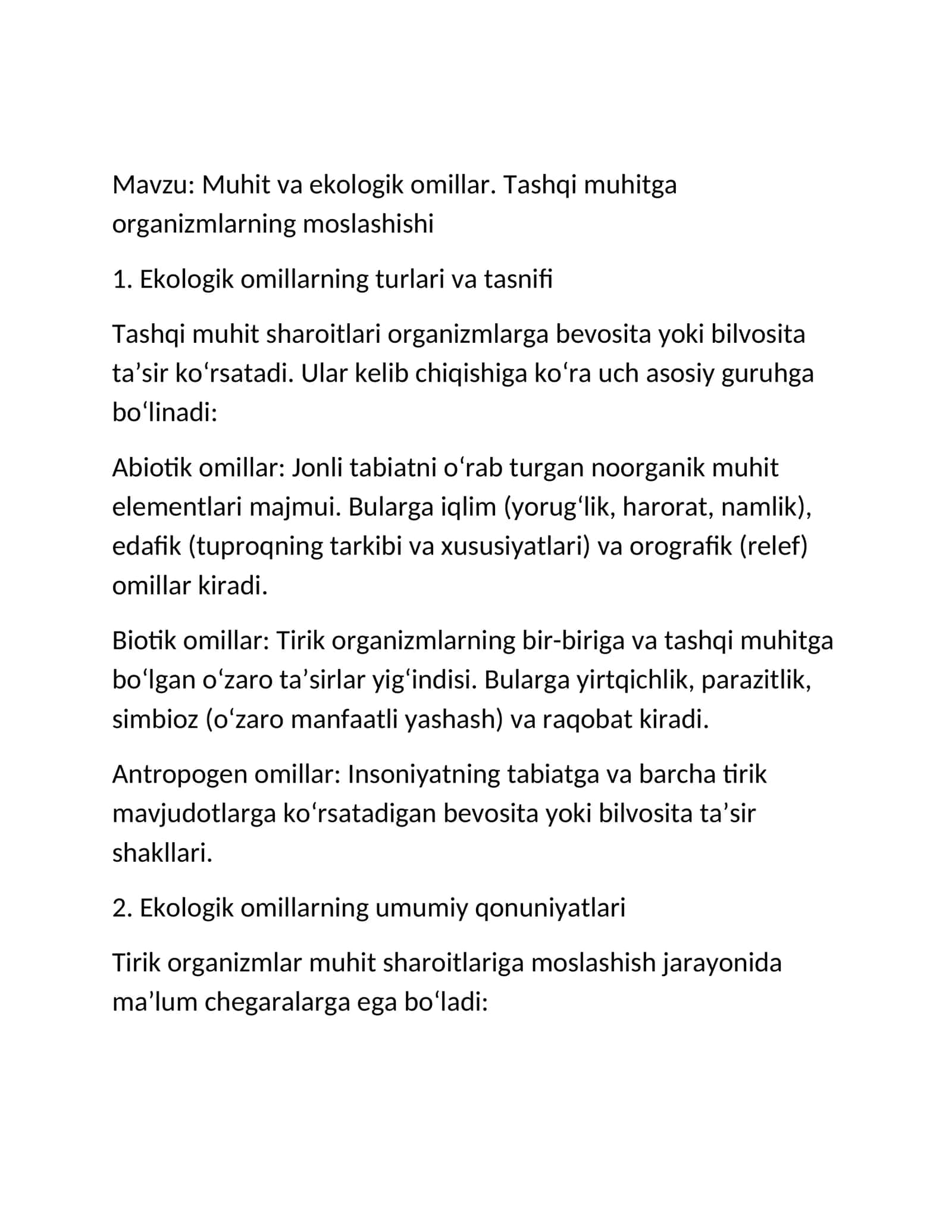 Muhit va ekologik omillar 1