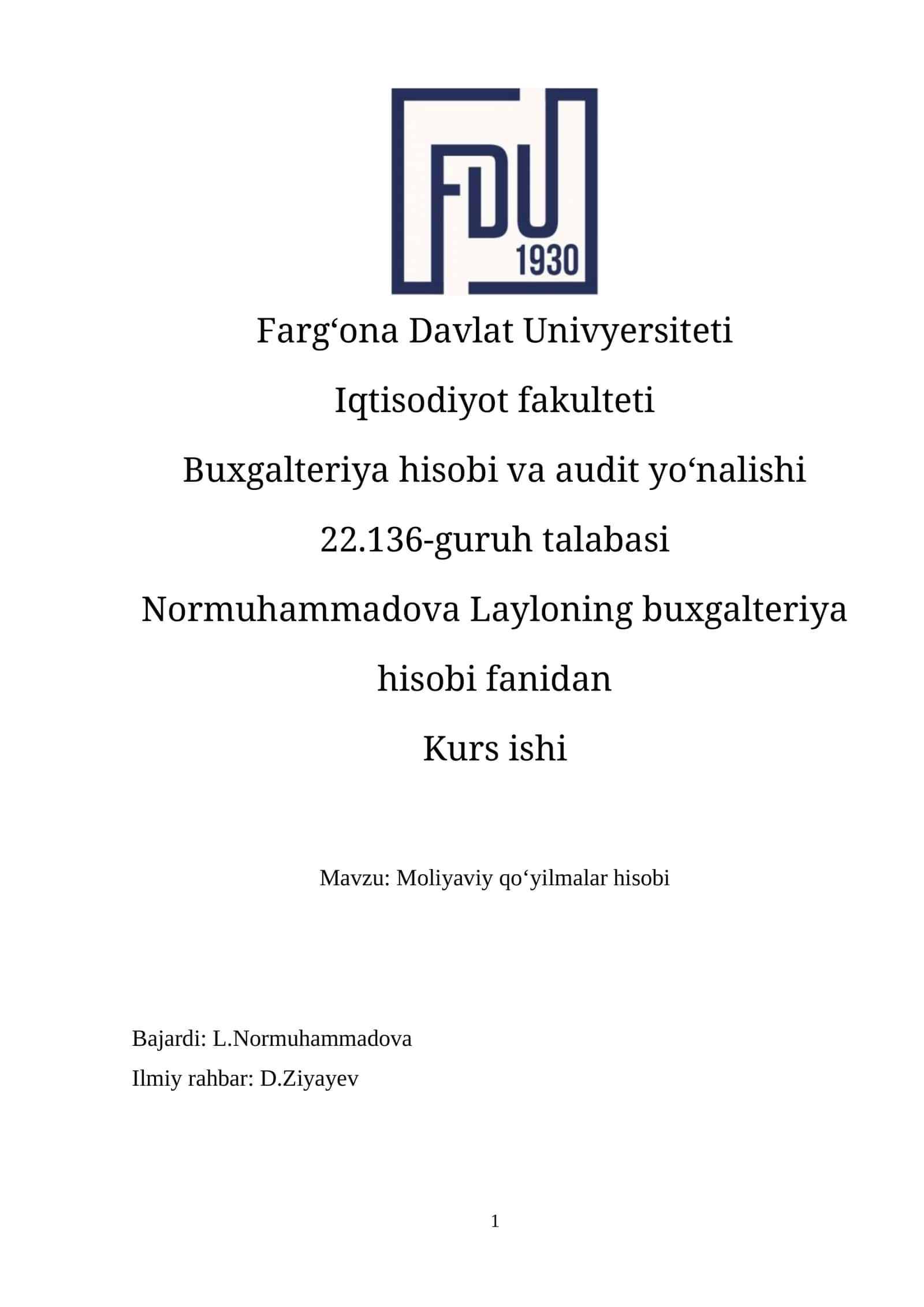 Moliyaviy qo‘yilmalar hisobi (kurs ishi) 1